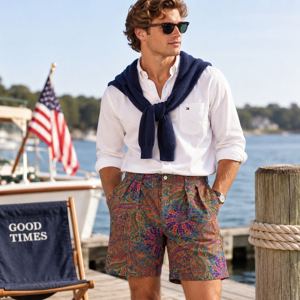 Vintage Tommy Hilfiger Mens Paisley Shorts Sz 36 Cotton 90s Preppy Boho Golf